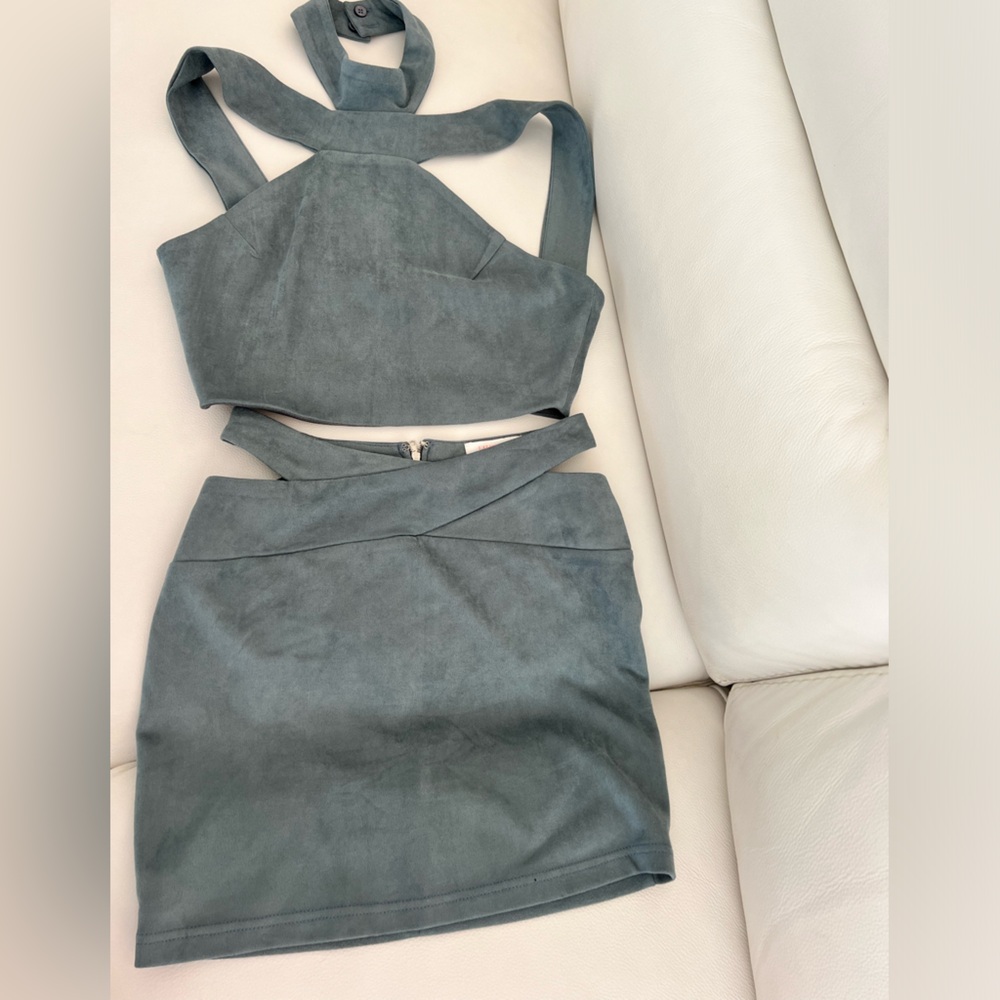 Two piece velvet skirt set with crop top